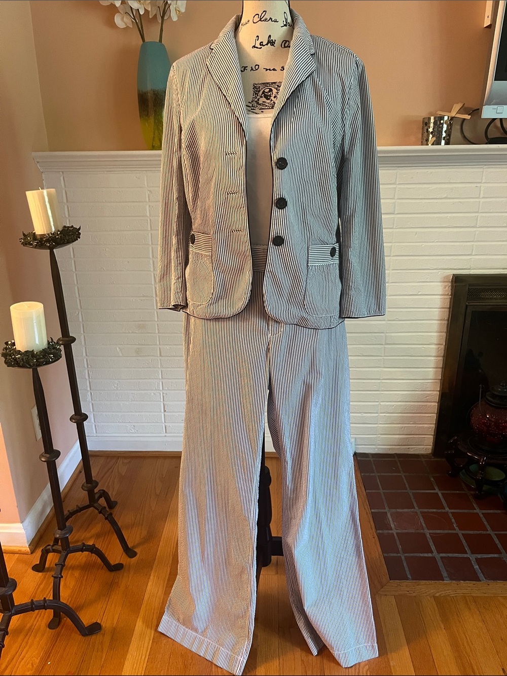 Banana Republic Navy and White Striped 2PC  Seersucker Suit
